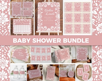 May include: A pink and white baby shower printable bundle with floral designs. The bundle includes a welcome sign, thank you cards, water bottle labels, a banner, and other printable items. The text on the welcome sign reads "Gielito Lindo Welcome to our baby shower".