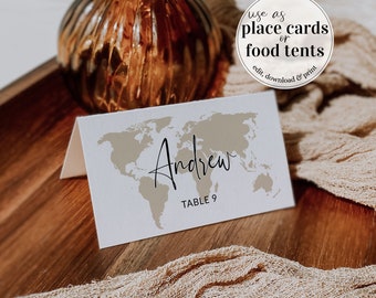 Destination Wedding Place Cards Template for Travel Wedding with Watercolor World Map #072w