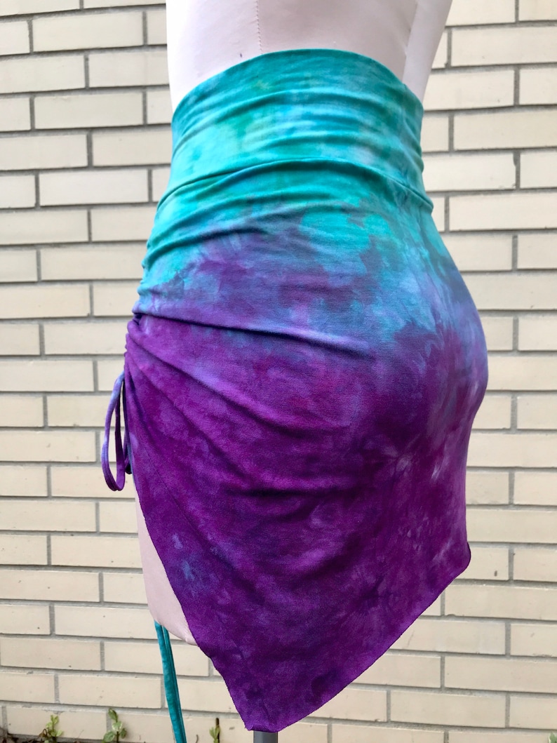 Kataya Skirt Multiple Color Options Organic Bamboo Stretch Jersey Hand-dyed Asymmetrical Cinched Mini Skirt with Adjustable Ties