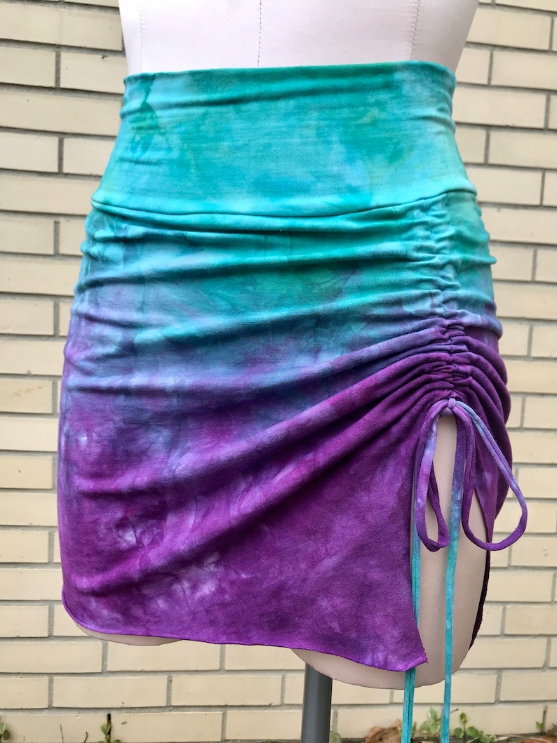 Kataya Skirt Multiple Color Options Organic Bamboo Stretch Jersey Hand-dyed Asymmetrical Cinched Mini Skirt with Adjustable Ties