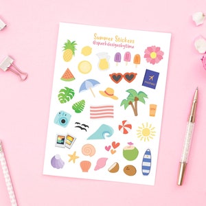 Feuille d’autocollants d’été mignonne, autocollants décoratifs mignons, autocollants minuscules, mini autocollants, autocollants pour adultes, autocollants de scrapbooking, été kawaii