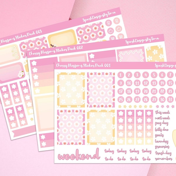 Floral Planner Stickers, Cherry Blossoms Sticker Pack, EC Life Planner Mini Kit, Summer Bullet Journal Stickers, Erin Condren Kit July Boxes