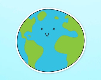 Happy Earth Laptop Sticker, Globe Sticker, Earth Decal, Kawaii Earth, Cute Earth Sticker, Laptop Vinyl Stickers, Travel Stickers, Planets