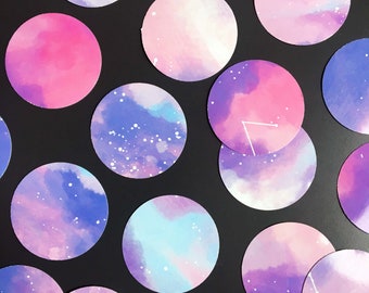 Aesthetic Moon Stickers, Galaxy Stickers, Watercolor Planets, Space Sticker Set, Pastel Aesthetic Stickers, Large Planner Circle Sticker Set