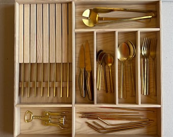 Solid Ash Wood Kitchen Drawer Organizer: Silverware & 8-Knife Insert