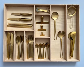 Natural Ash Kitchen Drawer Organizer – Custom Size Wooden Cutlery Tray for Silverware and Utensils, Handmade Flatware Divider | CRAFTOLAS