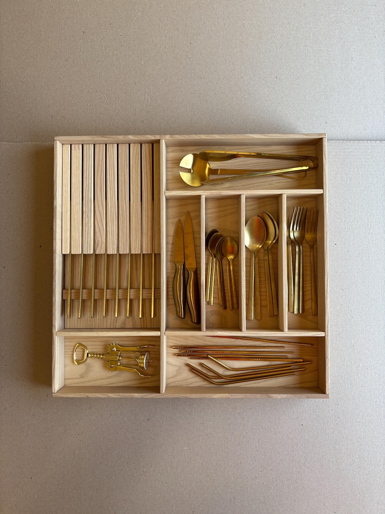 Ready to Ship | Drawer Organizer with 8-Knife Insert – Solid Ash Wood Tray for Silverware – 20.8In x 19.8In | CRAFTOLAS
