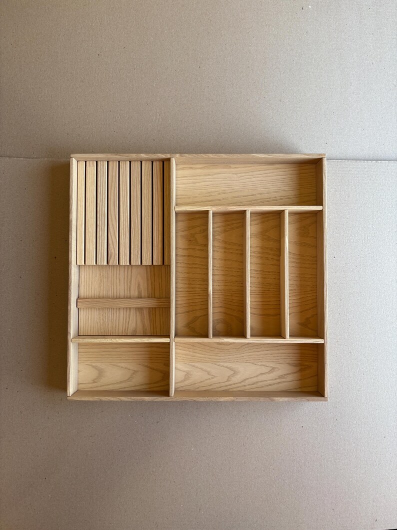 Ready to Ship | Drawer Organizer with 8-Knife Insert – Solid Ash Wood Tray for Silverware – 20.8In x 19.8In | CRAFTOLAS
