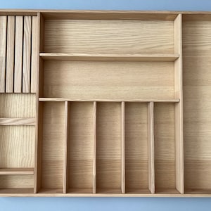 Custom Kitchen Drawer Organizer with Knife Block – Natural Ash Wood Tray, Handmade Flatware & Utensil Divider Insert | CRAFTOLAS