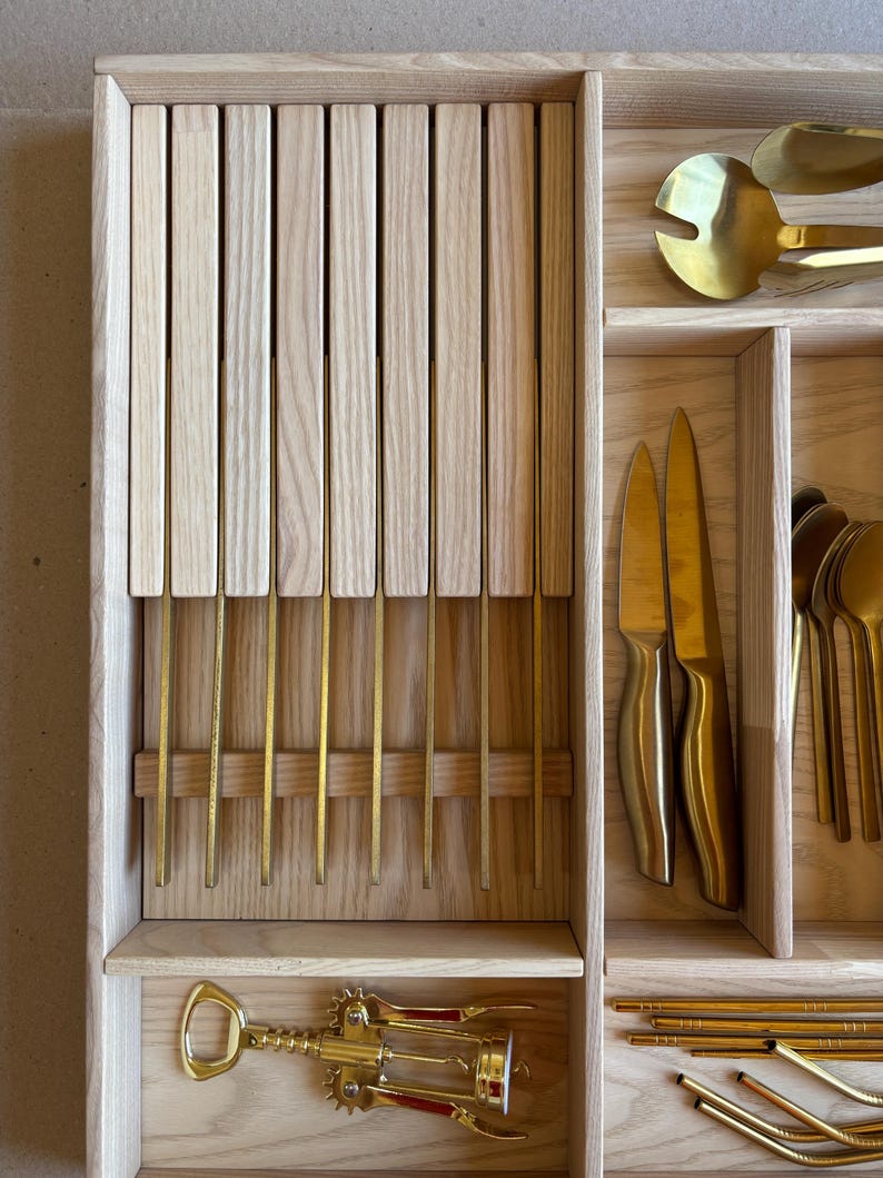 Ready to Ship | Drawer Organizer with 8-Knife Insert – Solid Ash Wood Tray for Silverware – 20.8In x 19.8In | CRAFTOLAS
