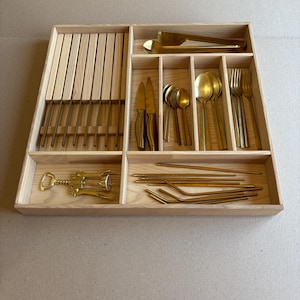 Ready to Ship | Drawer Organizer with 8-Knife Insert – Solid Ash Wood Tray for Silverware – 20.8In x 19.8In | CRAFTOLAS