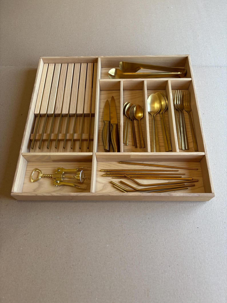 Ready to Ship | Drawer Organizer with 8-Knife Insert – Solid Ash Wood Tray for Silverware – 20.8In x 19.8In | CRAFTOLAS