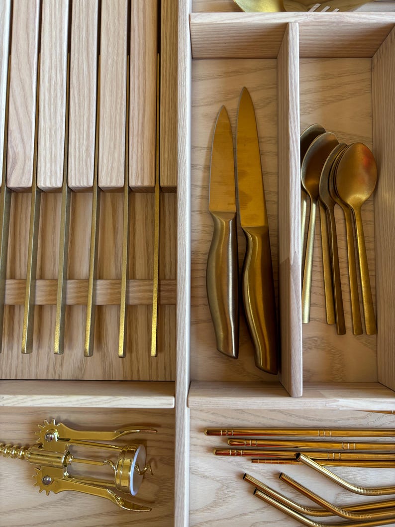 Ready to Ship | Drawer Organizer with 8-Knife Insert – Solid Ash Wood Tray for Silverware – 20.8In x 19.8In | CRAFTOLAS