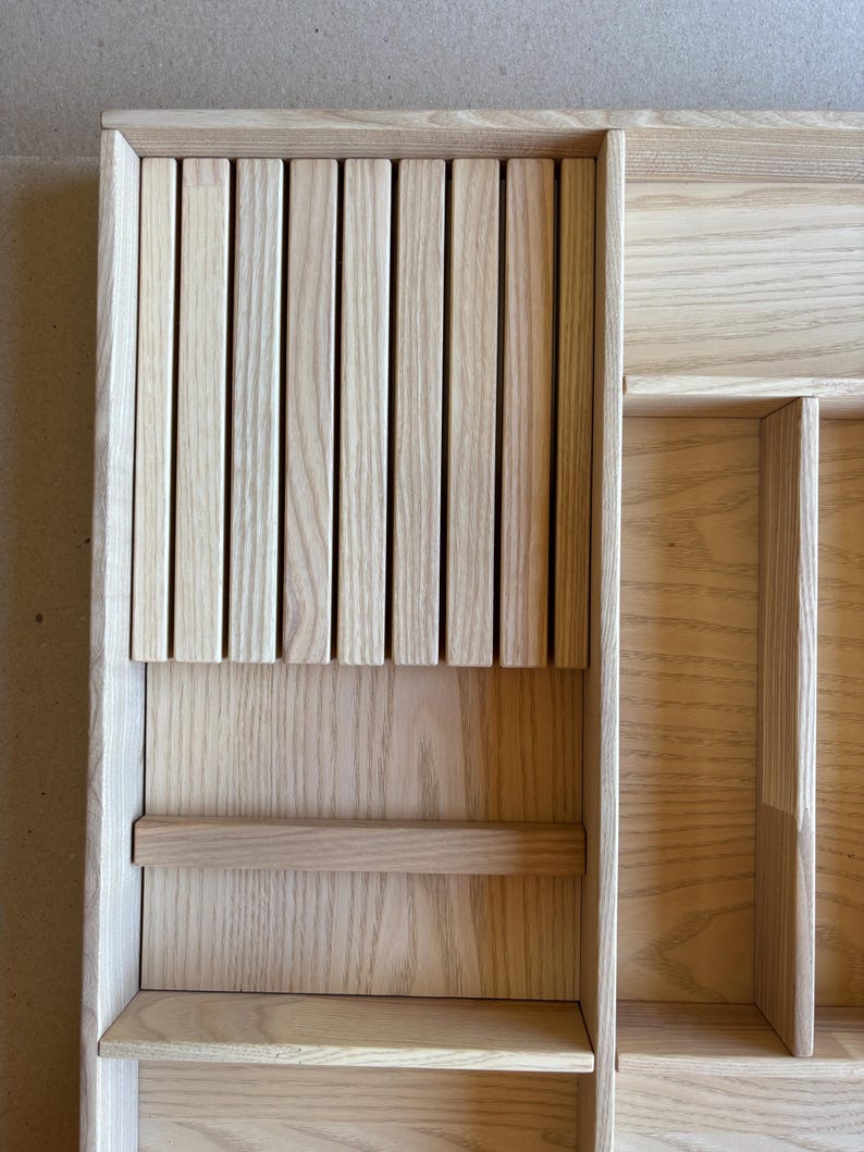 Ready to Ship | Drawer Organizer with 8-Knife Insert – Solid Ash Wood Tray for Silverware – 20.8In x 19.8In | CRAFTOLAS