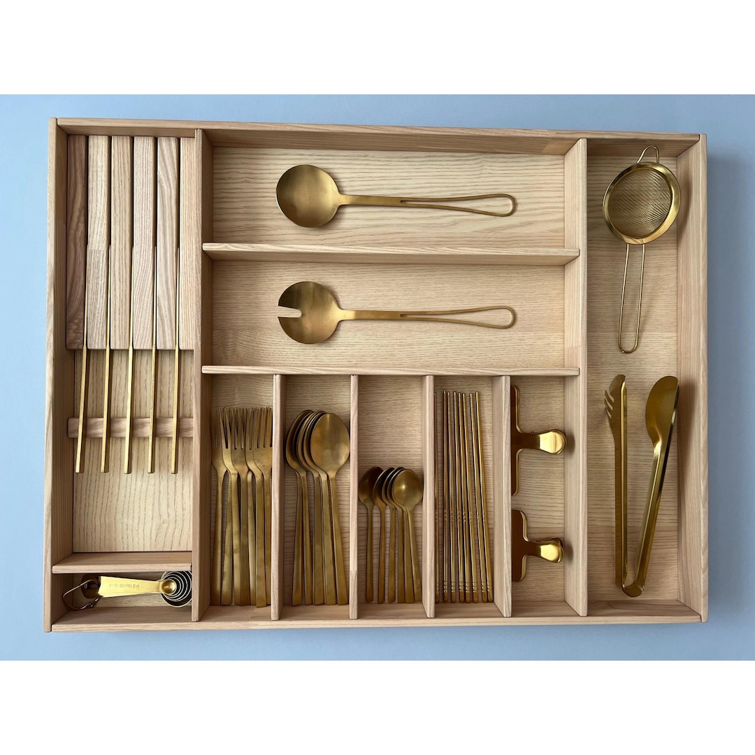 Custom Kitchen Drawer Organizer for Silverware - Solid Ash Wood Tray ...
