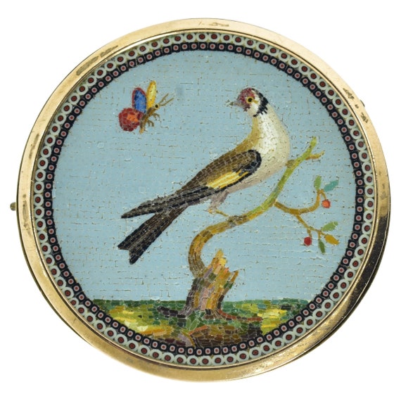 18th Century Micro Mosaic  Brooch of a Bird and a… - image 1