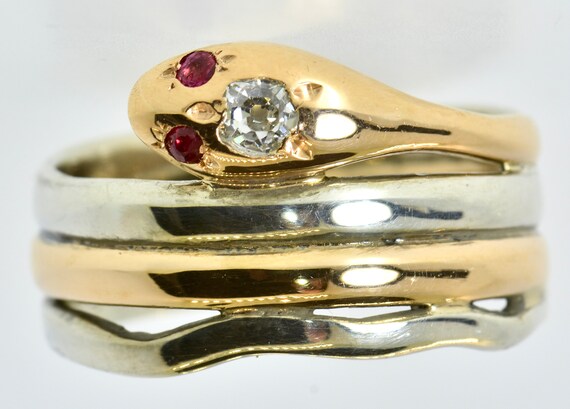 Antique Snake Ring with a Mine Cut Diamond  &  Bu… - image 3