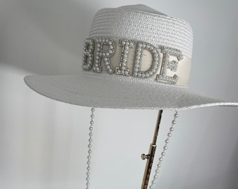 White Bride Hat Pearl Chain Straw Bridal Bride To Be Embellished Wedding Honeymoon Hen Party Bachelorette Gifts