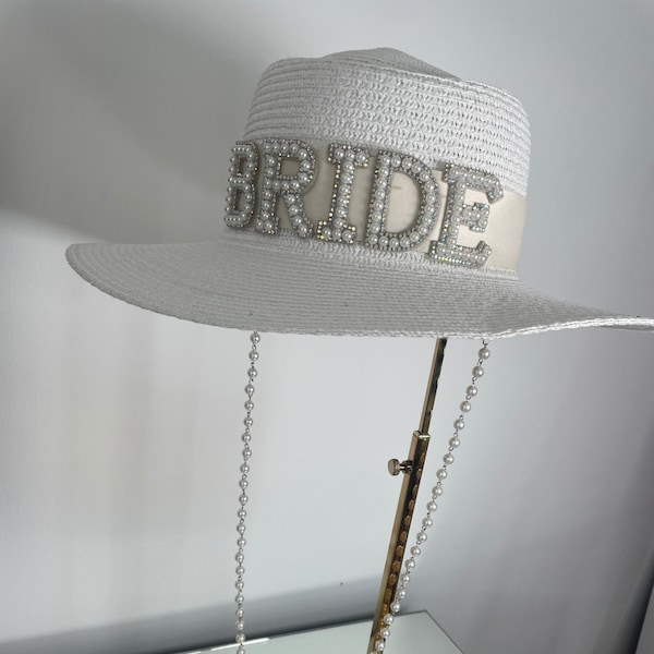 White Bride Hat Pearl Chain Straw Bridal Bride To Be Embellished Wedding Honeymoon Hen Party Bachelorette Gifts