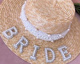 Bride Hat Straw Pearl Hat Wedding Hen Party Honeymoon Bachelorette Beach Embellished Sun