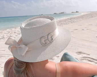 Personalised Straw Hat Embellished Pearl Rhinestone Lettering Beach Hat Sun Hat Holiday Vacation Hen Party Honeymoon Bachelorette Bridal