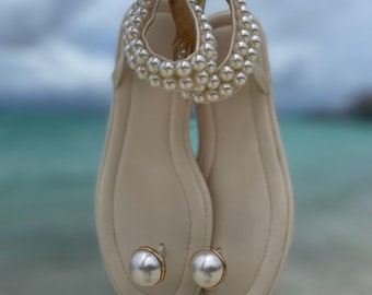 Pearl Embellished Sandals Wedding Brides Bridal Handmade Cream Ivory