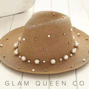 Pearl Straw Hat Embellished Beach Sun Fedora Panama Vacation Holiday