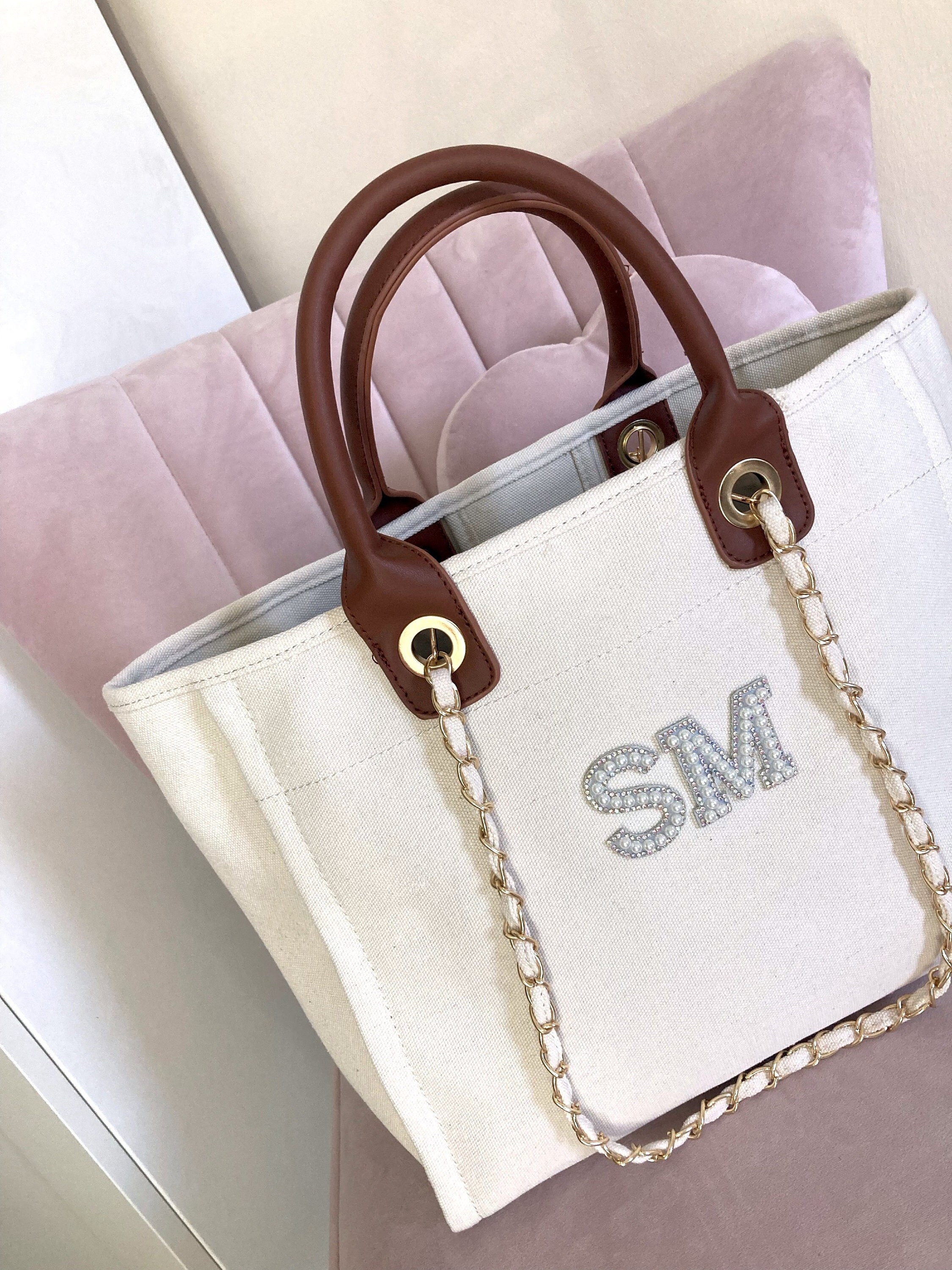 MONACO Cream Canvas Chain Tote Bag with Pearl Initials