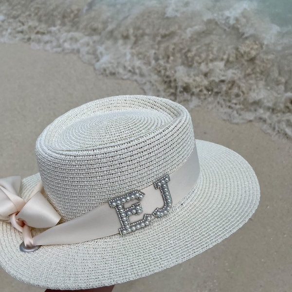 Personalised Straw Hat Embellished With Pearl and Rhinestone Lettering Beach Hat Sun Hat Holiday Vacation Honeymoon Bachelorette Bridal