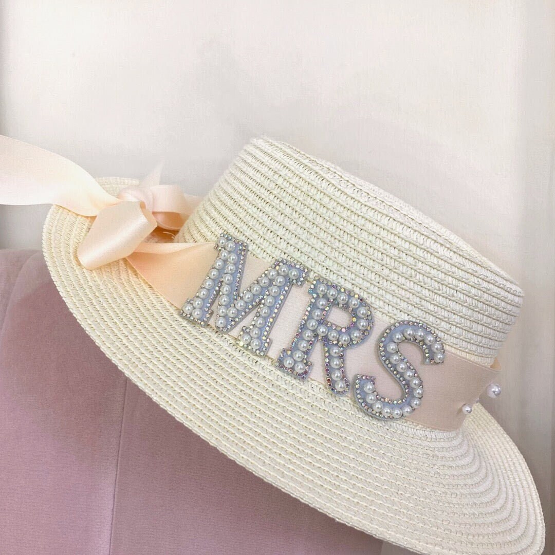 MRS Straw Hat Bride Embellished Pearl Rhinestone Lettering 