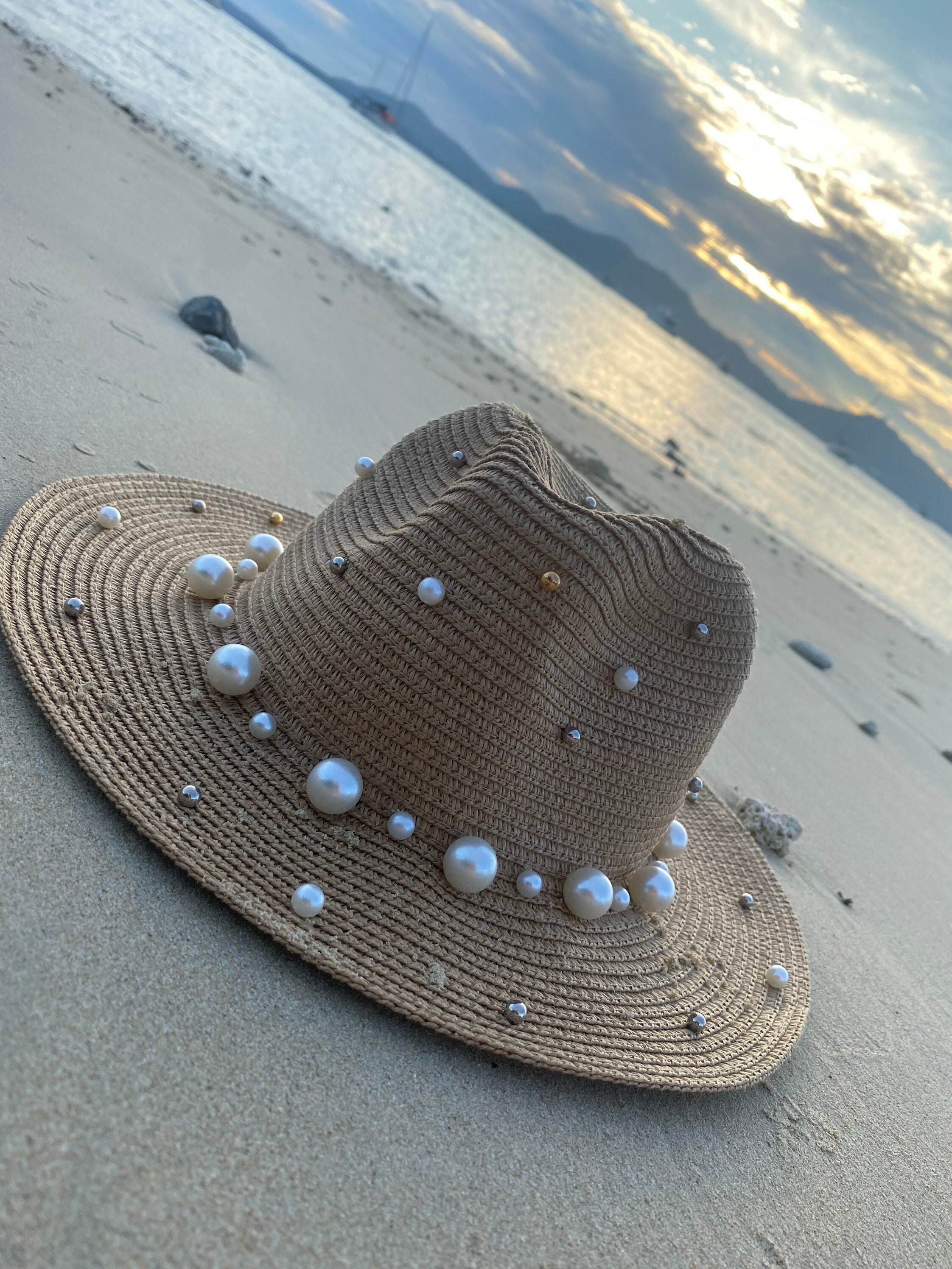 Pearl Straw Hat Embellished Beach Sun Fedora Panama Vacation 