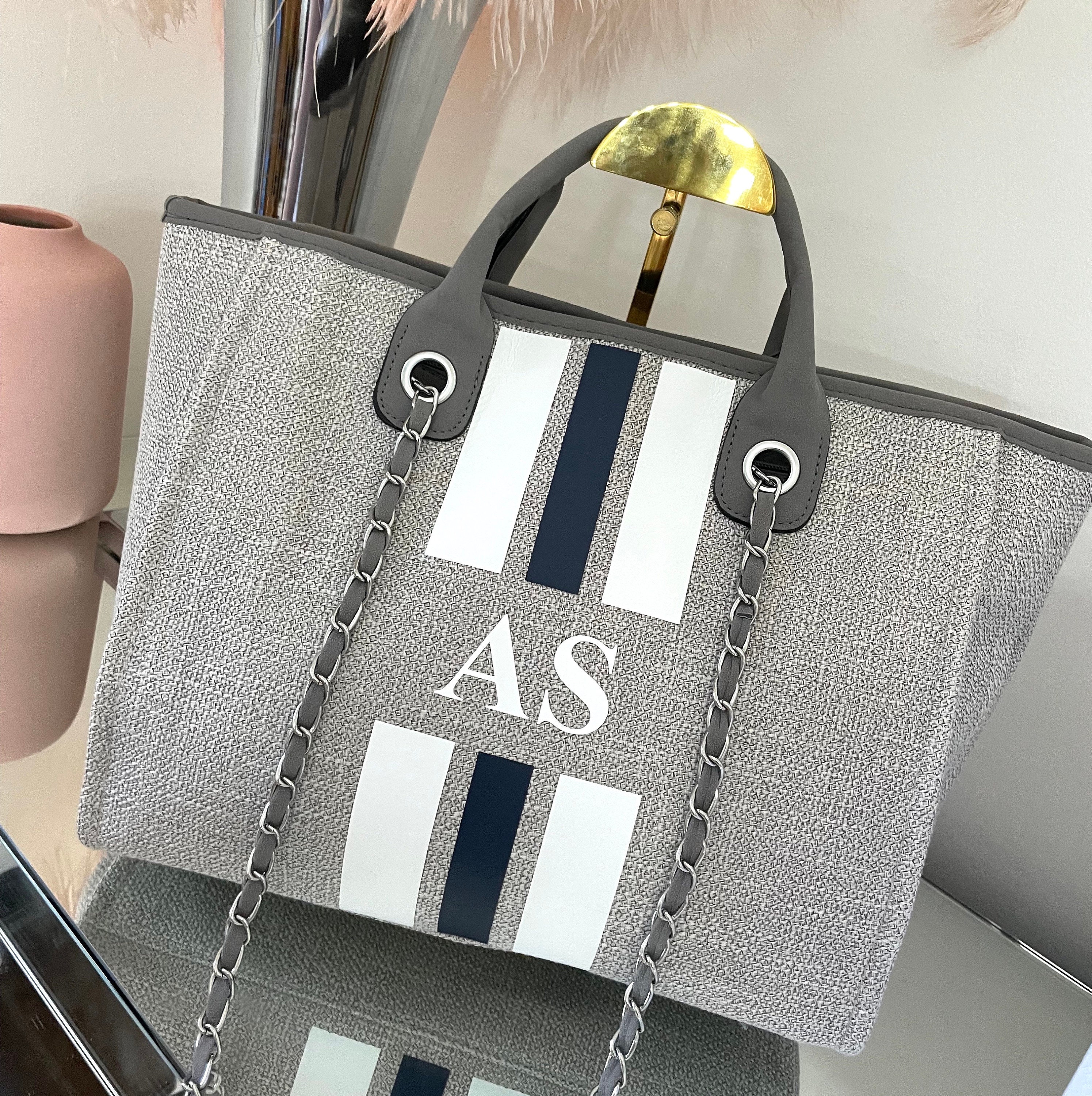 Monogram Tote Bag Canvas Customised Grey Chain Handbag -  Finland