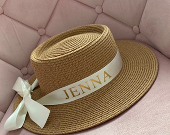 Personalised Beach Hat Sun Fedora Monogram Customised Straw Panama Initials Custom Ribbon Bow Holiday Hen Party Wedding Bride Bachelorette