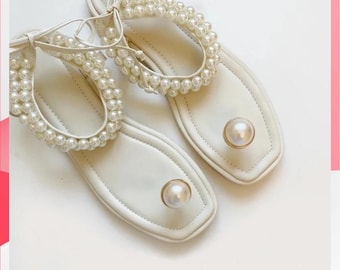 Pearl Embellished Sandals Wedding Brides Bridal Handmade Cream Ivory