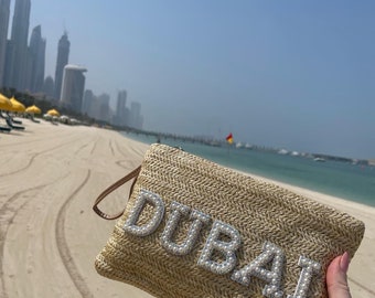 Dubai Straw Travel Pouch Bag, Cosmetic Makeup Bag, Beach Clutch, Personalised Pearl Lettering, Gift for her