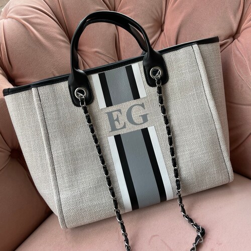 Monogram Tote Bag Canvas Customised Grey Chain Handbag - Etsy