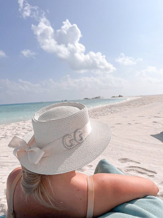 Personalized Pearl Rhinestone Straw Hat, Custom Initial  display picture 1