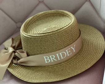 Personalised Beach Hat Sun Fedora Monogram Customised Straw Panama Initials Custom Ribbon Bow Holiday Hen Party Wedding Bride Birthday