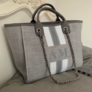 Monogram Tote Bag Canvas Customised Grey Chain Handbag - Etsy