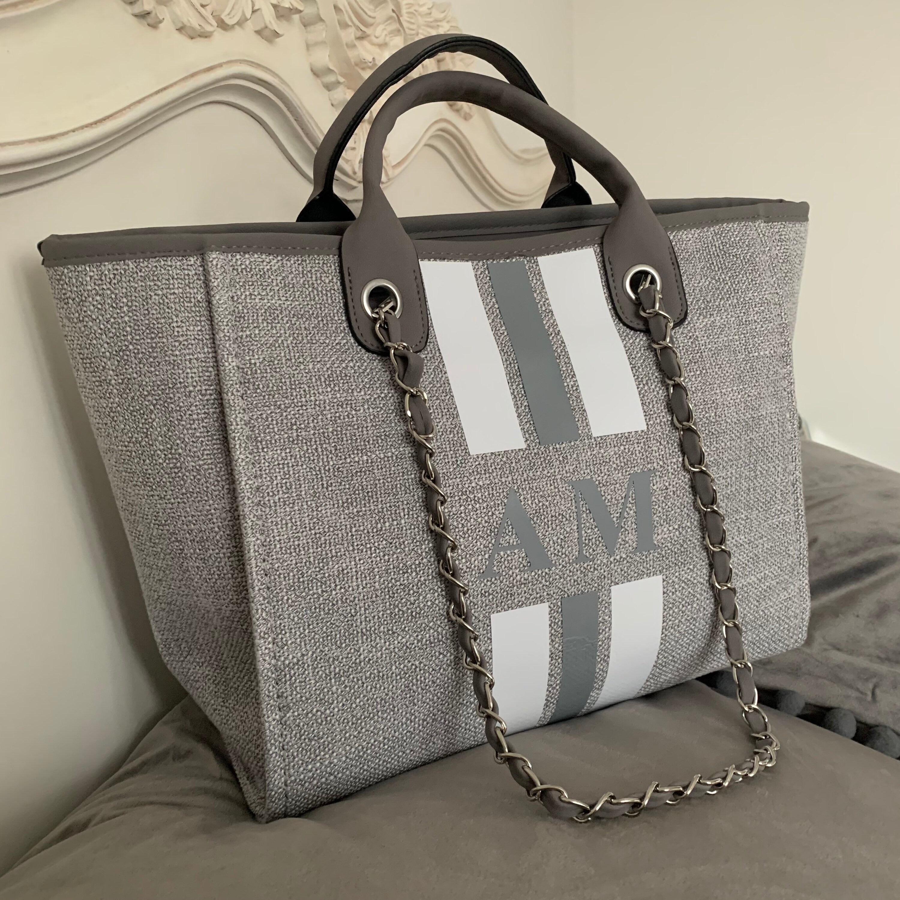 Monogram Tote Bag Canvas Customised Grey Chain Handbag | Etsy UK