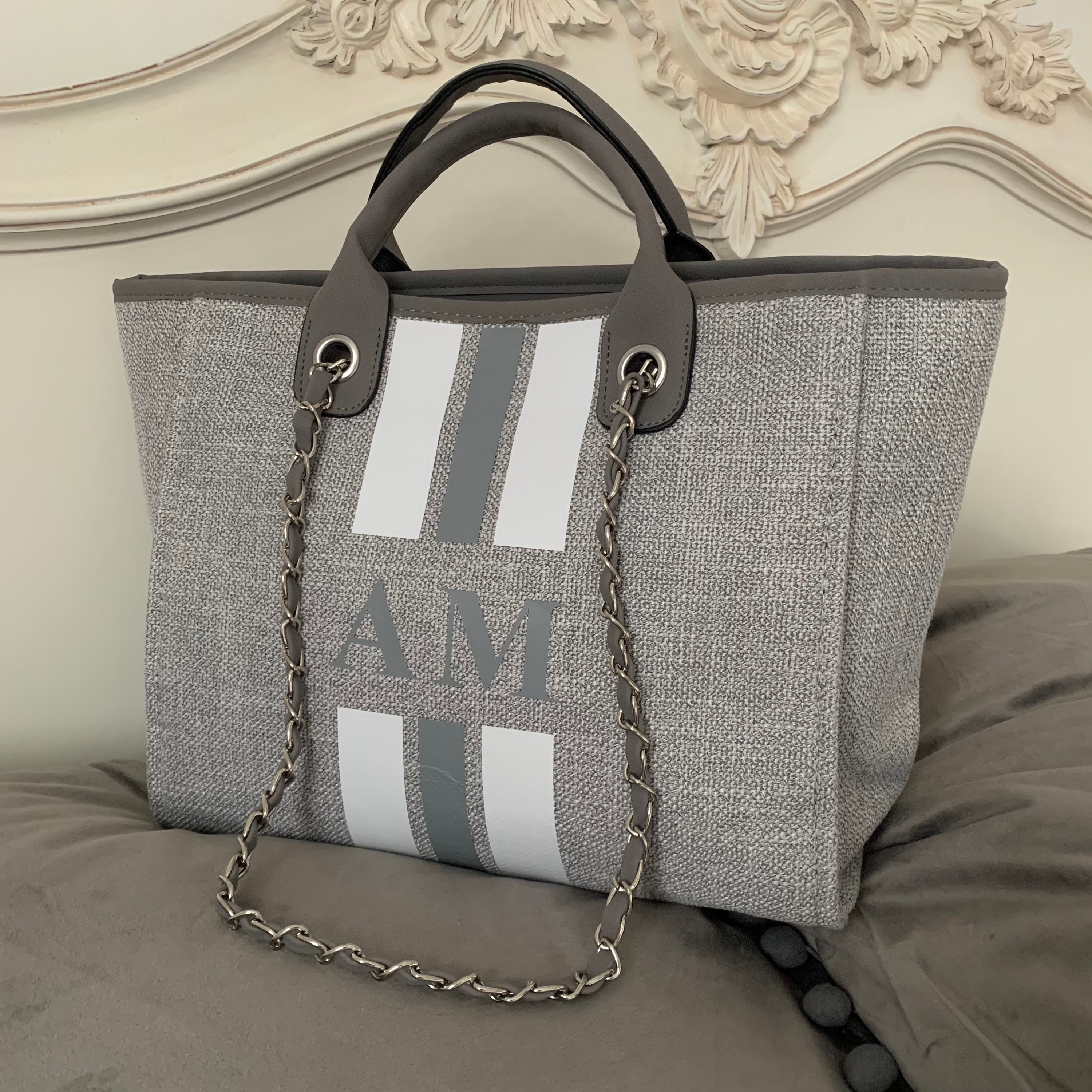 Monogram Tote Bag Canvas Customised Grey Chain Handbag 