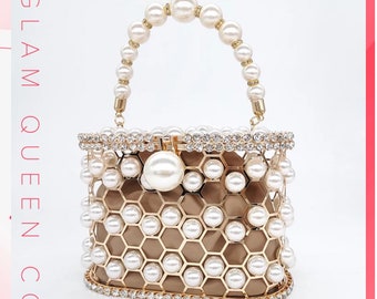 Pearl Cage Gold Beige Diamanté Evening Bag Wedding Occasion Nude Neutral