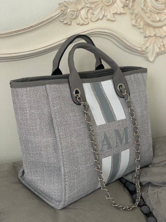 Monogram Tote Bag Canvas Customised Grey Chain Handbag 