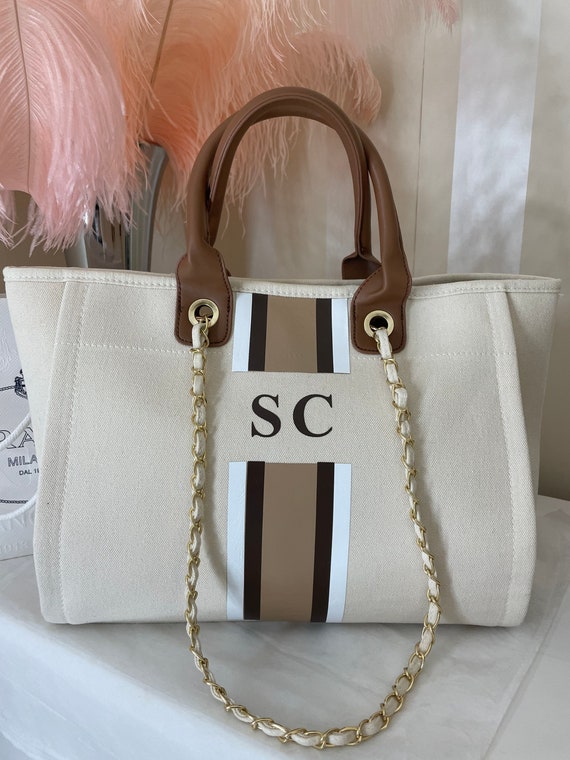 Personalised Monogram Tote Bag Canvas Customised Beige Brown White Chain  Handbag Personalized Stripe Initials