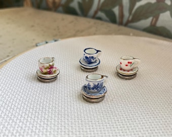 Miniature tea cup and saucer magnetic needle minder Nanny for embroidery, needle work, cross stitch, hand sewing. Floral and fruit.
