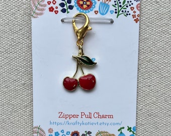 Cherry zipper pull charm for handbag, pouch, purse.