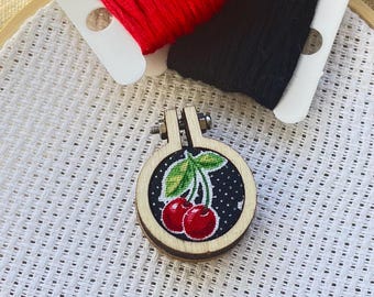 Miniature embroidery hoop retro cherries fabric magnetic needle minder Nanny notion for embroidery, needle work, cross stitch, hand sewing.