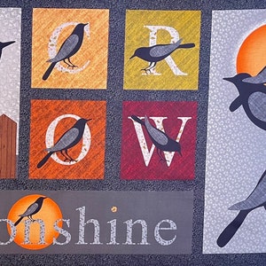 Moonshine crow fabric panel. Jan Mott for Henry Glass & Co. 100% quilt cotton fabric.