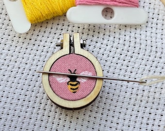 Miniature embroidery hoop bee magnetic needle minder Nanny notion for embroidery, needle work, cross stitch, hand sewing.