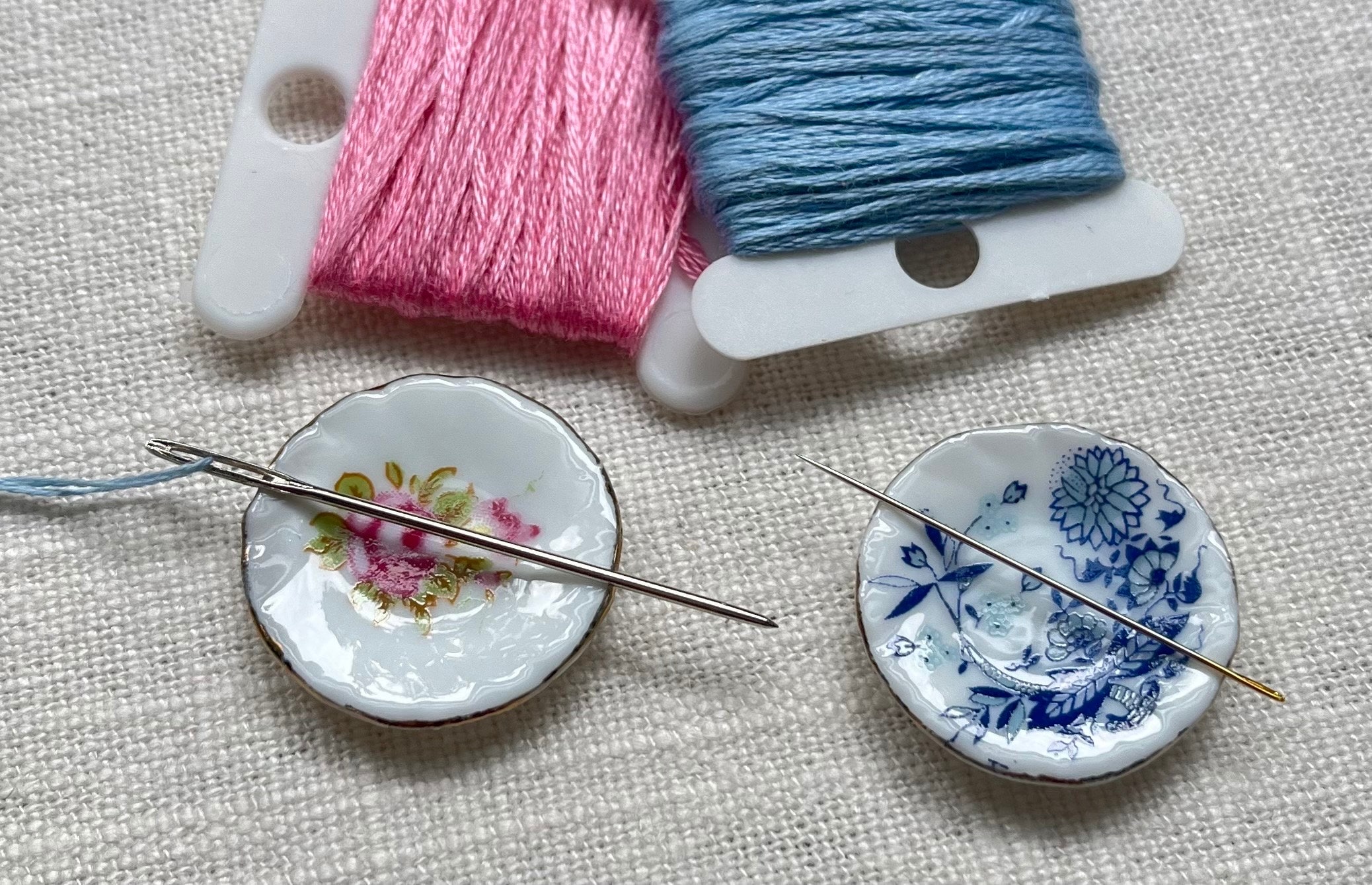 Needle minder Nanny-magnetic porcelain china plate for embroidery, needle work, cross stitch, hand sewing.